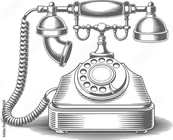 Fototapeta Vintage telephone illustration in woodcut engraving style with detailed black line work, retro vector design