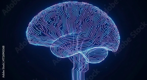 Fototapeta Illuminated Brain Circuit Board Digital Technology Represented in Neon Blue on Dark Background