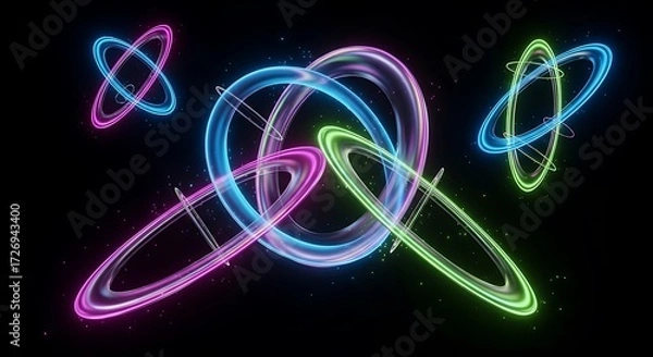 Fototapeta Colorful Neon Rings Orbiting in Space, Abstract Light Trails on Black Background