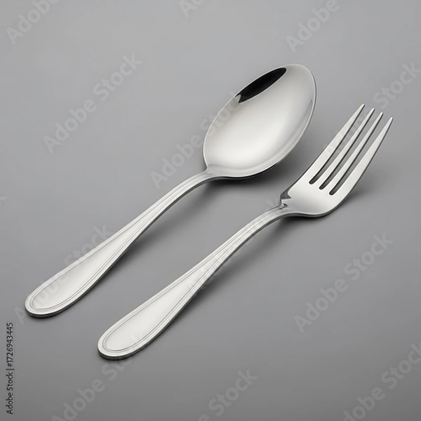 Fototapeta Silver Fork and Spoon Set on a Gray Background, Studio Shot