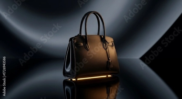 Fototapeta Elegant Black Leather Handbag with Gold Accent Lighting on a Reflective Surface