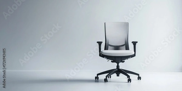 Obraz A pristine, minimalist office environment with a white background and a modern ergonomic office chair at its center, emphasizing the concepts of simplicity, efficiency, productivity, and readiness.