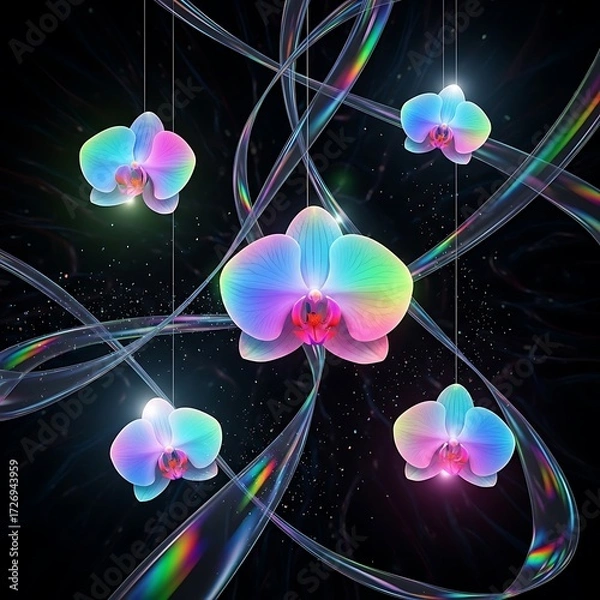 Fototapeta Luminous Rainbow Orchids Hanging with Rainbow Glass Ribbons in Dark Space Background