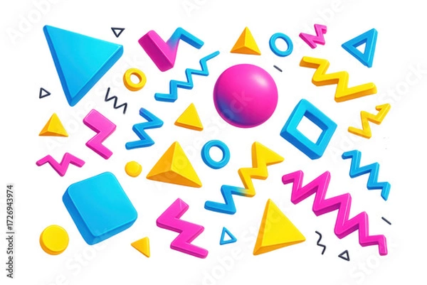 Fototapeta Retro 80s and 90s abstract banner with neon hues and Memphis-style shapes.