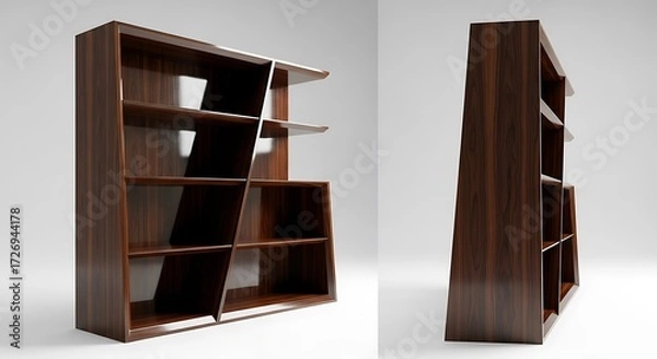 Fototapeta Modern Rosewood Bookshelf with Asymmetrical Design Shelves on White Background, Two Angle Views