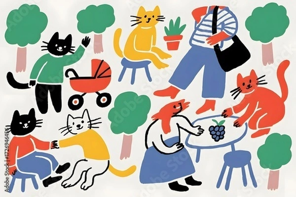 Fototapeta Whimsical cat life scene with people and cats enjoying a day in the park together