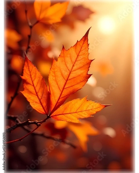 Fototapeta A close-up of a vibrant orange maple leaf, backlit by the warm autumn sun, creating a beautiful and peaceful seasonal background.