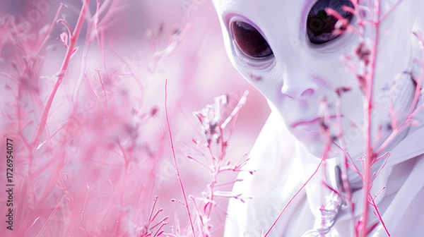 Fototapeta Retro gray space alien with big eyes looks at a flower 1960s colored tv show style white extra terrestrial moody campy fun UFO dreamy alien planet background copy space