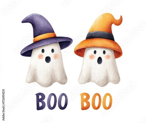 Obraz Adorable Watercolor Ghosts in Witch Hats, a Spooky Yet Cute Halloween Treat. Boo!