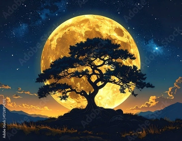 Obraz Golden moon, ancient tree, starry night