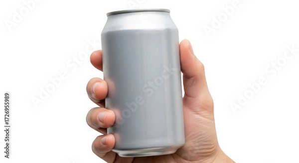 Obraz A hand holding a silver aluminum can of soda, isolated on a transparent background