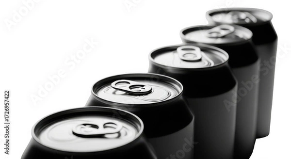 Obraz A row of five aluminum beverage cans with pull tabs, arranged diagonally on a transparent background