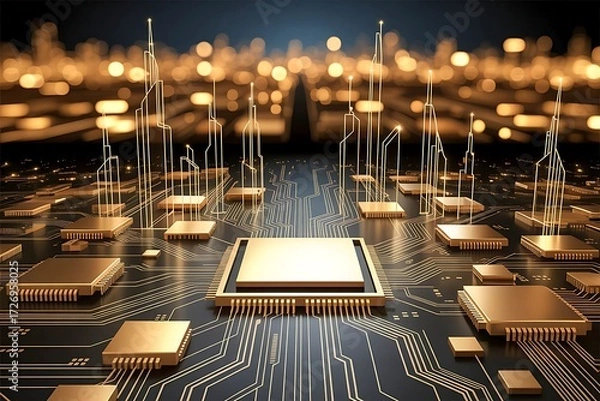 Obraz Abstract digital circuit board with glowing golden processors and bokeh lights technology computer