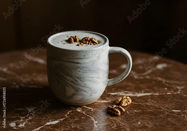 Obraz Walnut Latte in Marble Mug, Cozy Autumn Hot Drink with Nuts on Brown Table