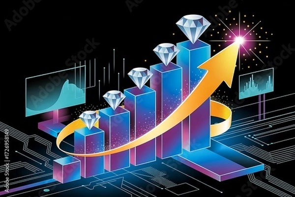 Obraz Abstract bar graph with diamonds and an upward trending arrow on a circuit board chart statistics