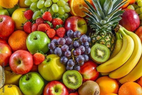 Obraz Abundant Assortment Of Fresh, Ripe Fruits Including Strawberries Apples Grapes And Pineapple Keywords: fruit, fresh, ripe, healthy, food, assortment