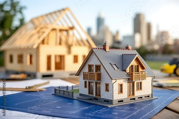Obraz Architectural models of houses on blueprints with city skyline in background architecture home