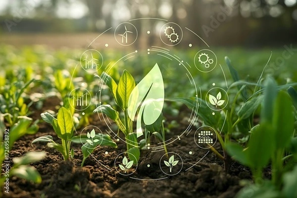 Obraz Digital farming technology overlay on young plants in a field at sunrise agriculture innovation