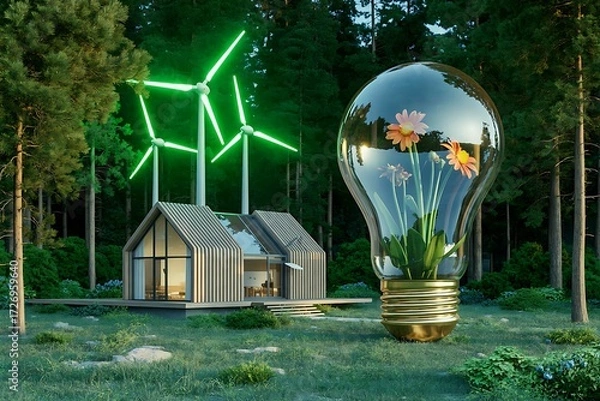 Obraz Eco-friendly modern house with glowing wind turbines and lightbulb garden green energy