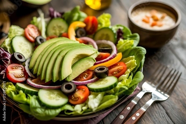 Obraz Fresh Avocado and Vegetable Salad with Tomatoes Cucumbers and Olives in a Bowl healthy food