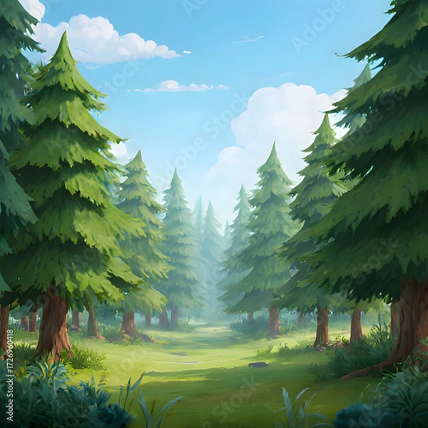 Fototapeta 3D rendered scene depicting a lush, bright cartoon forest landscape.