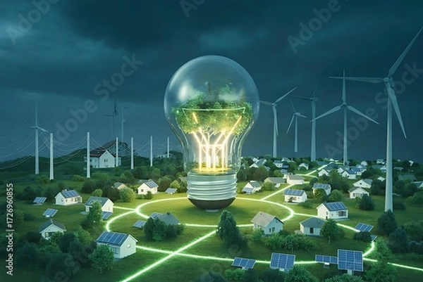 Obraz Giant Lightbulb with Tree and Green Energy Network in a Village glowing