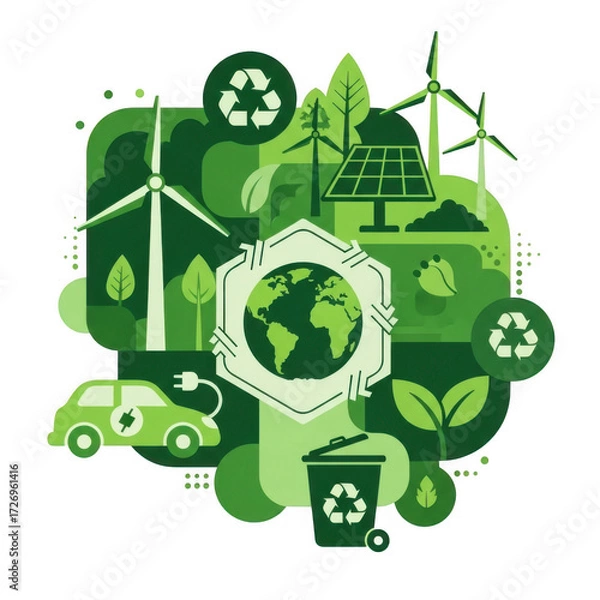 Obraz An illustration depicting green energy concepts, including wind turbines, solar panels, an electric car, and recycling symbols around a globe isolated on transparent background