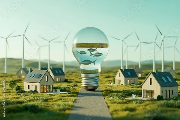 Obraz Lightbulb with Fish and Wind Turbines in a Sustainable Village water