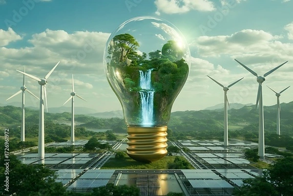 Obraz Lightbulb with Waterfall and Lush Landscape, Solar Panels and Wind Turbines nature trees