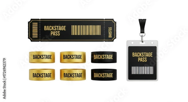 Obraz A backstage pass ticket and several backstage pass wristbands arranged on a transparent background