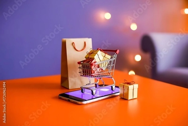 Obraz Miniature shopping cart filled with gift boxes on a smartphone with shopping bag online e-commerce