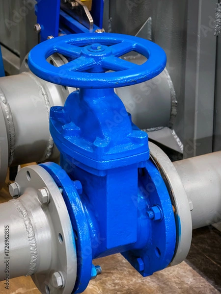 Fototapeta Blue industrial valve installed on a large pipe in a factory setting during daytime