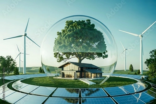 Obraz Sustainable eco-home protected by a glass dome surrounded by solar panels and wind turbines house architecture