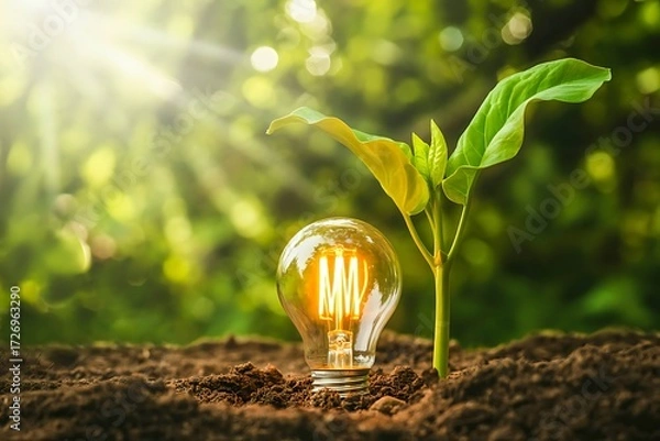 Obraz Sprouting Plant Growing from Soil with Glowing Light Bulb and Sunlight growth energy