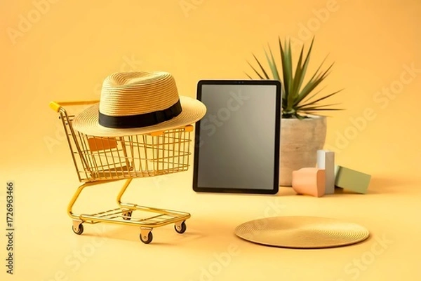 Obraz Yellow shopping cart with straw hat, tablet, and plant on yellow background trolley