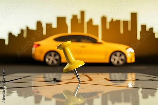 Obraz Yellow Car on a Map with a Yellow Pushpin Marking a Location image photo