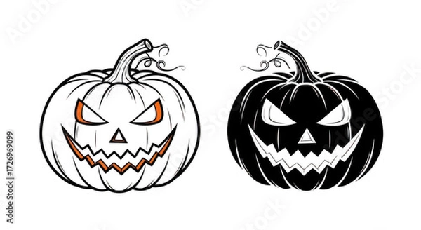 Obraz Two carved jackolanterns with menacing faces, one in black and white outline and the other in silhouette, displayed on a transparent background