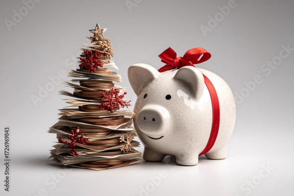 Fototapeta A Christmas tree made of coins and paper money next to a piggy bank with a red ribbon

