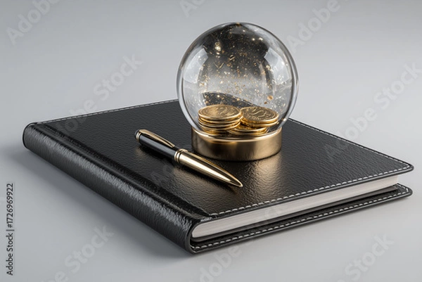 Fototapeta Black leather notebook, gold pen and snow globe with gold coins inside on grey background
