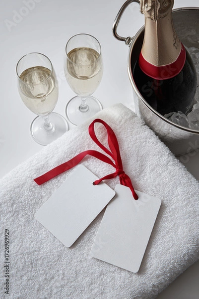 Fototapeta Two empty white tags tied with a red ribbon lie on a terry towel, next to two glasses of champagne and a bucket of ice with a bottle of champagne

