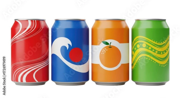 Obraz Four colorful soda cans with distinct designs are arranged in a row on a transparent background