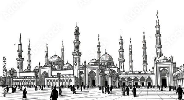 Obraz A detailed black and white sketch depicts a grand mosque with multiple domes and minarets, bustling with people isolated on transparent background