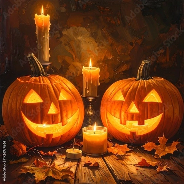 Obraz Halloween pumpkins and candles