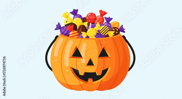 Fototapeta A pumpkin-shaped bucket overflowing with colorful Halloween candies.