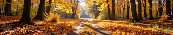 Obraz Sun-dappled forest path strewn with fallen yellow leaves, creating a vibrant autumnal scene, landscape, outdoor, october