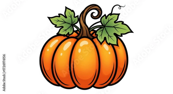 Obraz A vibrant cartoon illustration of a bright orange pumpkin with green leaves and a curly stem on a transparent background