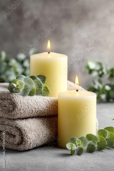 Fototapeta Relaxing Herbal Candle Scene with Eucalyptus and Soft Towels