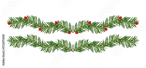 Fototapeta Christmas garlands with fir branches and red berries isolated on white background. Festive decoration element for holiday cards, invitations, banners, and design projects.