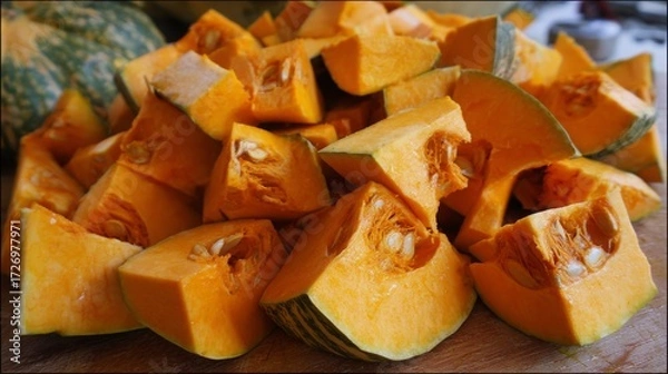 Fototapeta Fresh orange long pumpkin cut into pieces, showing vibrant color and healthy texture, seasonal vegetable concept highlighting natural food, organic nutrition and autumn harvest background.