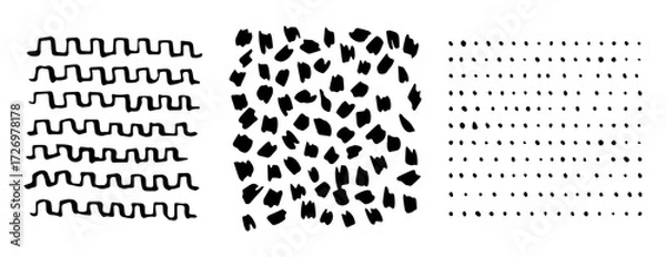 Fototapeta Paint Brush Marker Ink Strokes Textures Set and Dot Pattern. Vector illustration of Hand Drawn Pencil Sketch Elements